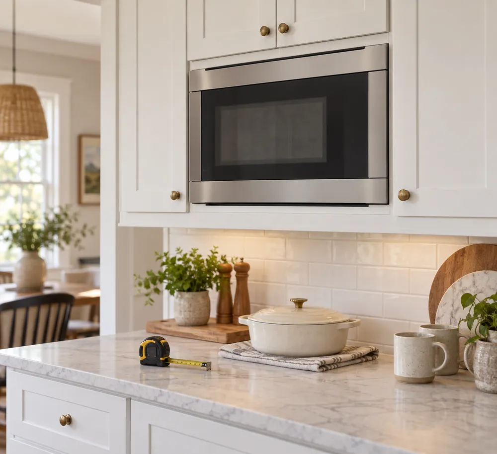 White shaker cabinetry surrounds a built-in convection microwave, with measuring tape, casserole dish, and mugs staged on the countertop below.