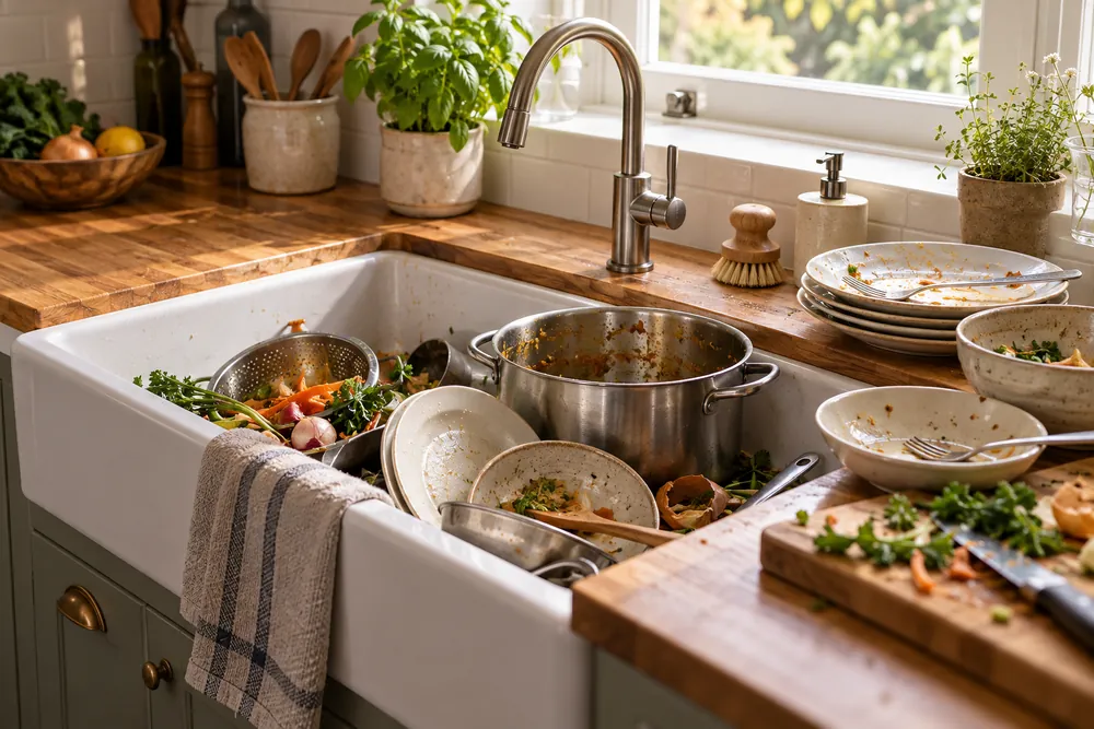 Hand sorts vegetable scraps beside a full compost bin and a sink loaded with dinner dishes, photographed at eye level in a US kitchen.