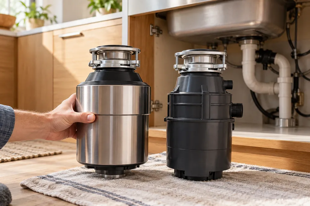 Hand compares two garbage disposals beside a kitchen sink, highlighting their differently sized motors, with wiring and mounting hardware arranged overhead.