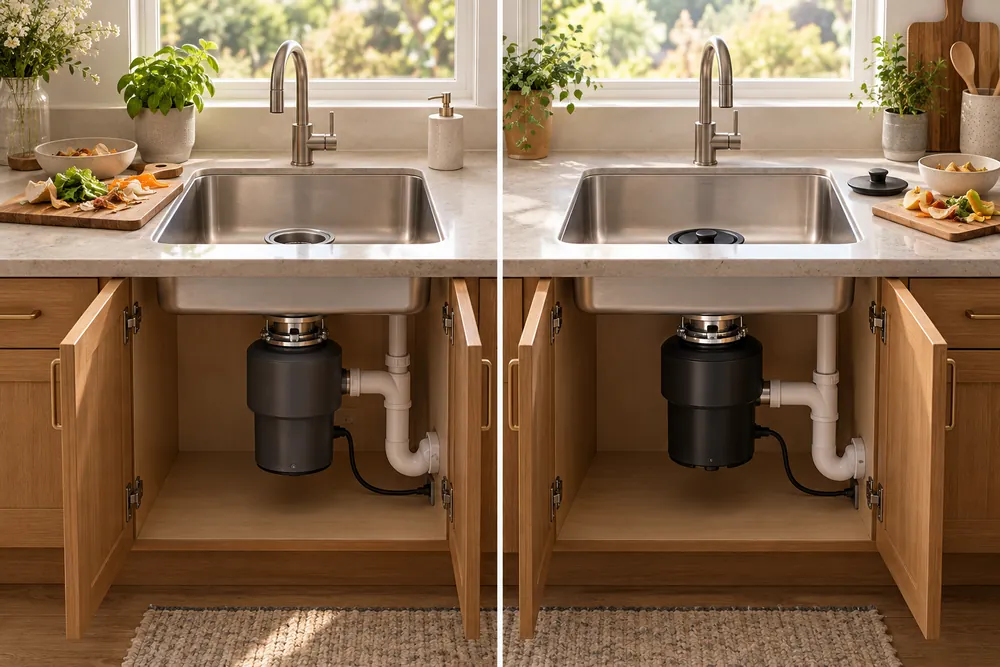 White quartz countertop and oak cabinetry frame an open sink cabinet, showing continuous-feed and batch-feed disposals side by side beneath plumbing.