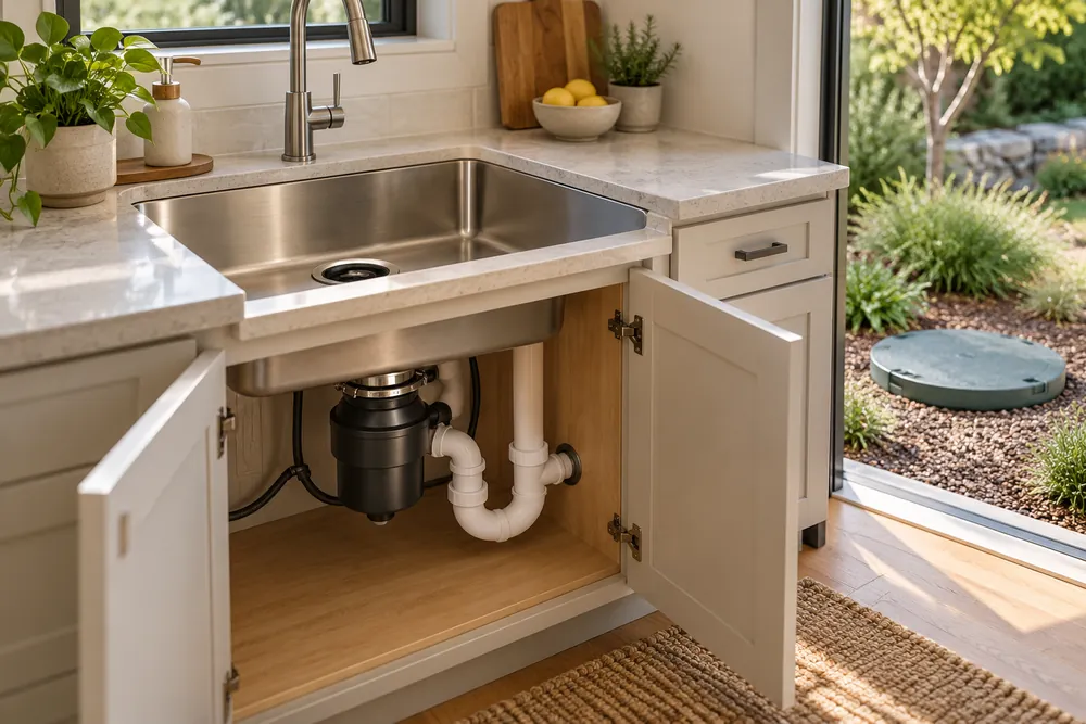 Garbage disposal beneath an open kitchen sink cabinet, showing drain connection, P-trap plumbing, and septic-safe setup at eye level.