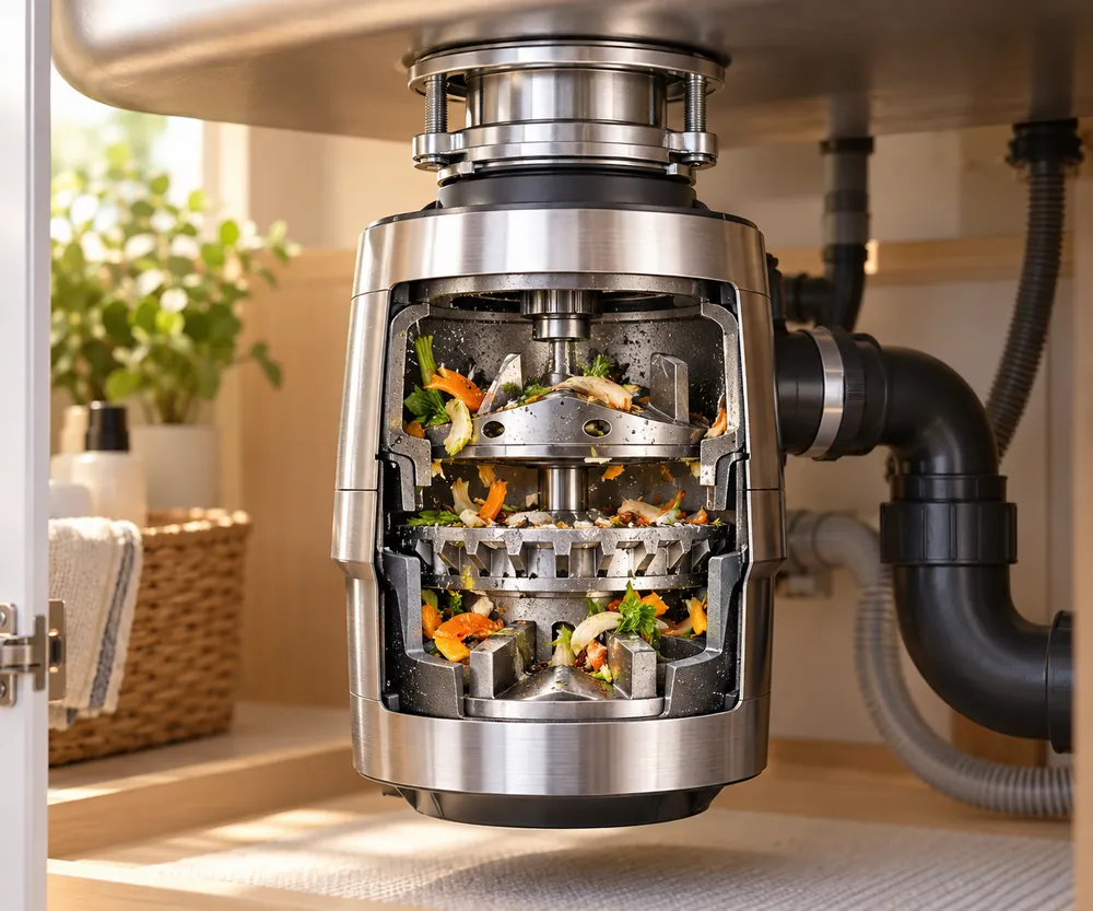 Brushed stainless-steel sink basin with an open disposal showing layered grinding components, beside a wooden spoon and ice cubes illustrating jam resistance.