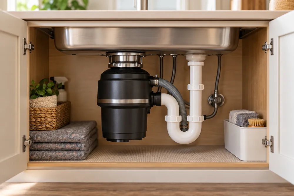 Soft morning light reveals a three-quarter view of a quiet, insulated garbage disposal beneath a stainless-steel sink, with cabinet doors open.