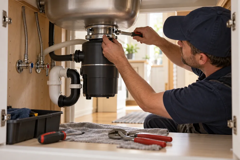 Brushed stainless steel sink flange and three-bolt mounting ring sit above an open cabinet, with plumbing clearance visible in a US kitchen.