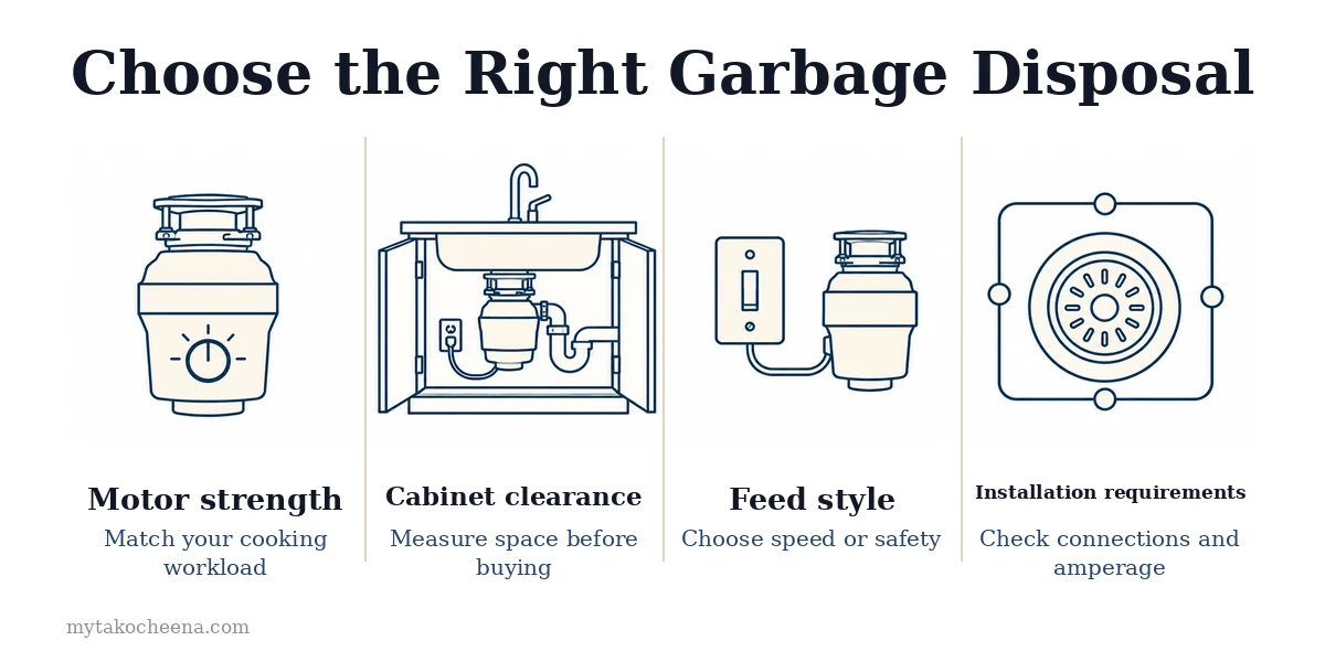 How to Choose a Garbage Disposal for Your Sink: Cooking Habits, Motor Power, Under-Sink Fit, Feed Style.