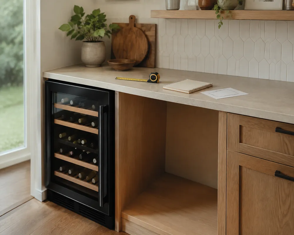 Compact wine cooler positioned beside a measured cabinet gap, tape measure, notepad, and small kitchen floor plan on a narrow countertop.