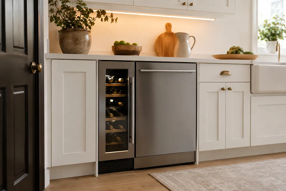 White shaker cabinetry surrounds a slim undercounter wine cooler beside a compact dishwasher, eye-level view, warm task lighting, no visible labels.