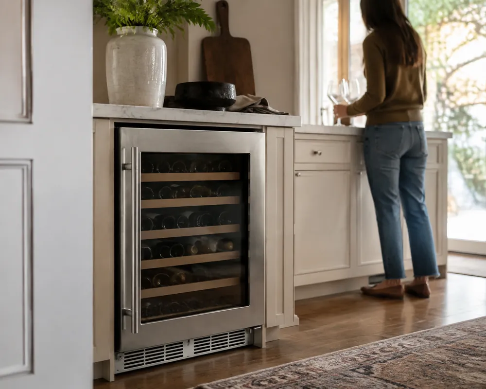Brushed stainless steel wine cooler beneath a small kitchen counter, vent clearance visible beside cabinets, homeowner turned away arranging glasses nearby.