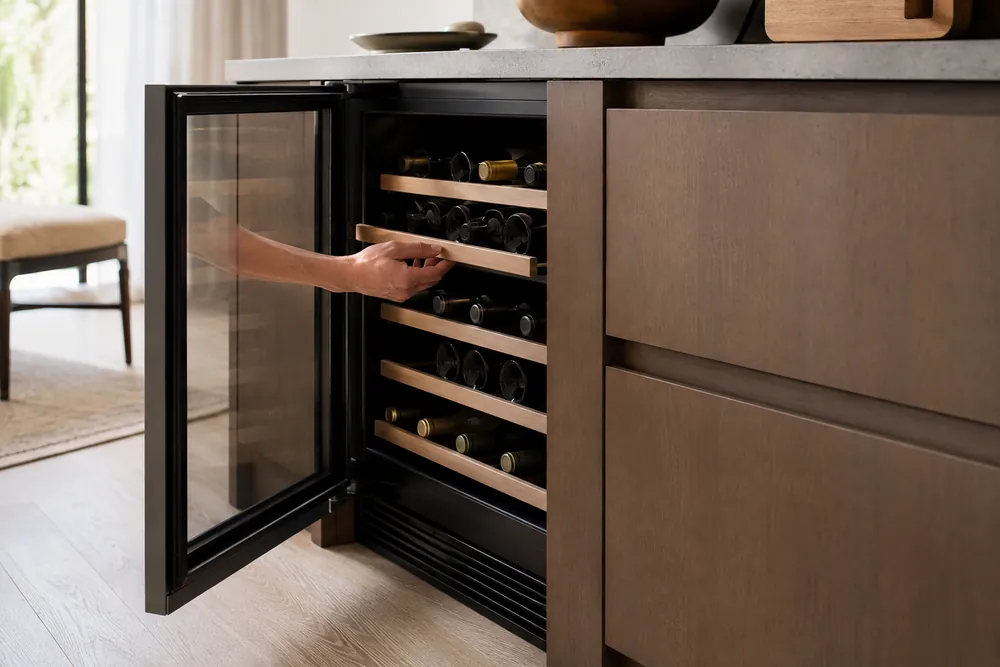 One hand adjusts a wine cooler shelf beside a narrow counter, side-angle view showing door clearance, vent gap, and cabinet alignment.