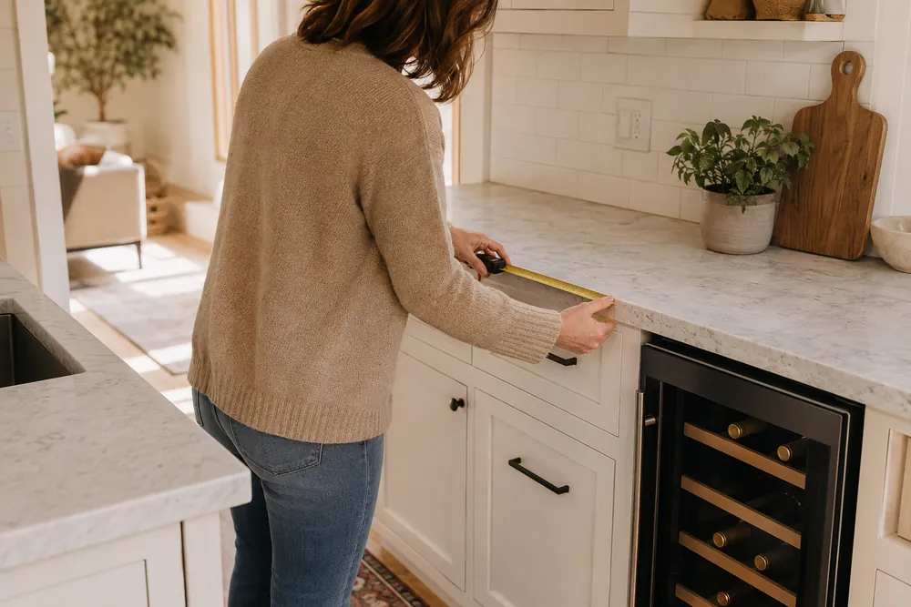 Soft morning light fills a compact kitchen where someone measures counter space beside a slim wine cooler, cabinets and outlets visible.