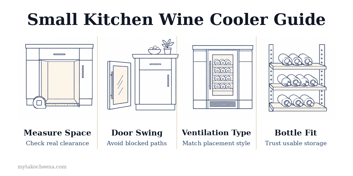 How to Choose a Wine Cooler for a Small Kitchen: Measure Space, Door Swing, Ventilation Type, Bottle Fit.