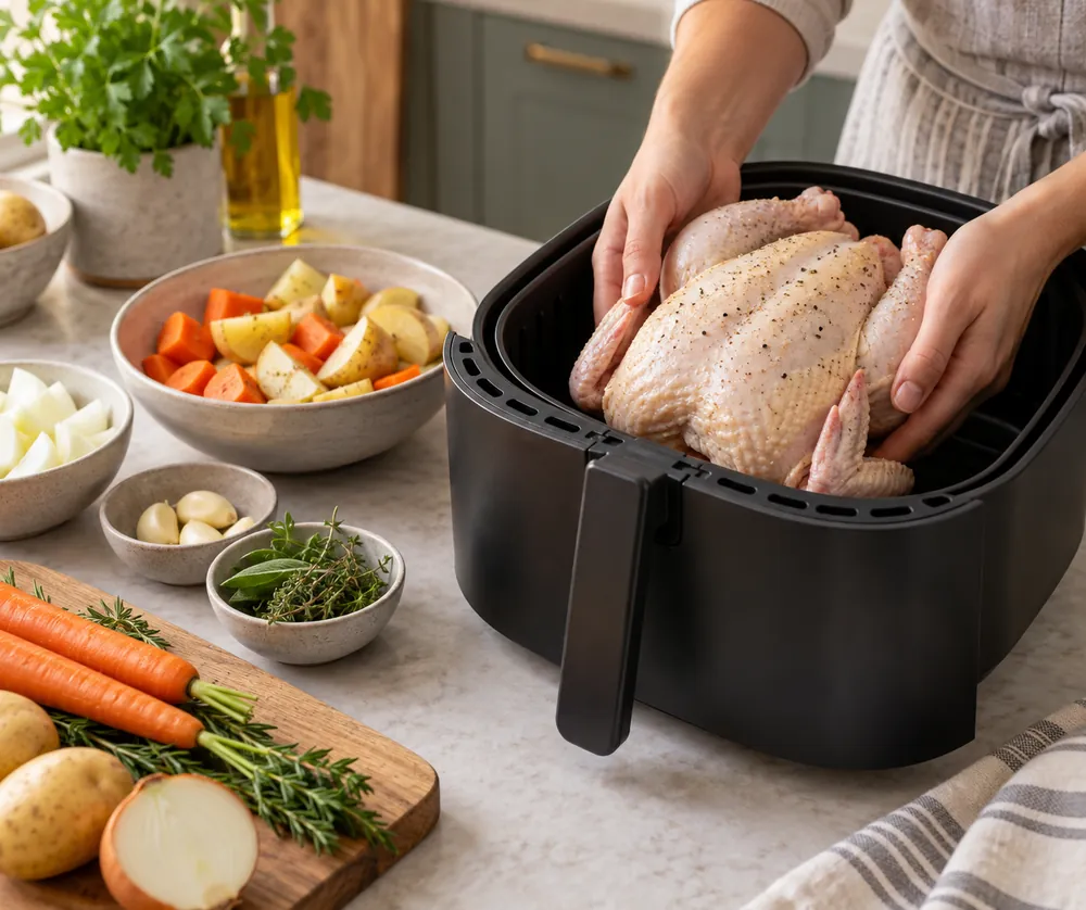 One hand places a whole chicken into a roomy air fryer basket on a countertop beside measured vegetables, eye-level framing.