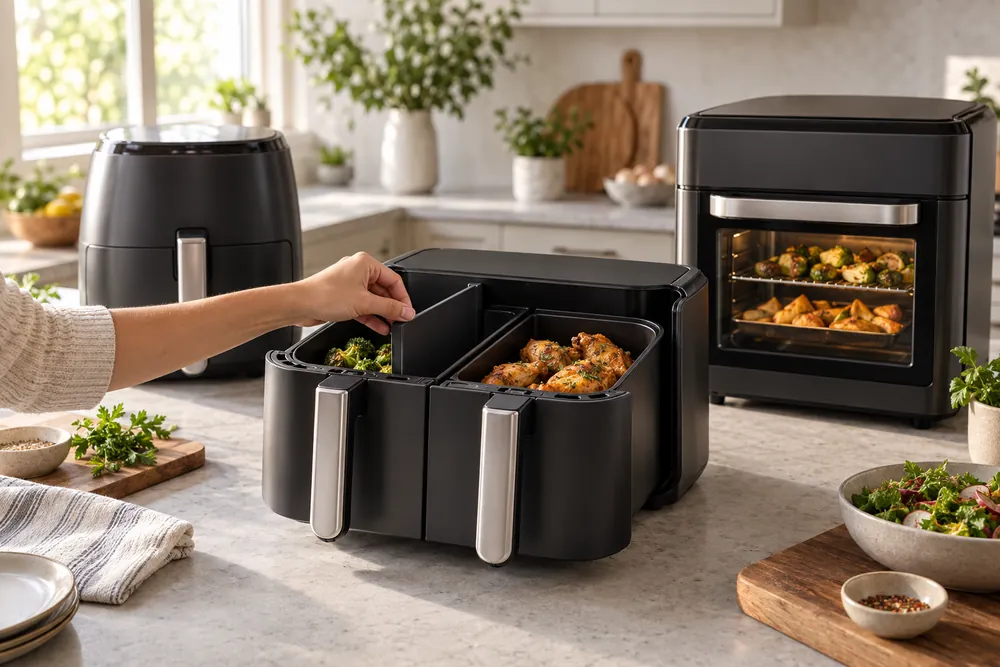 One hand slides a divider into a dual-basket air fryer beside basket and oven-style models on a kitchen island.