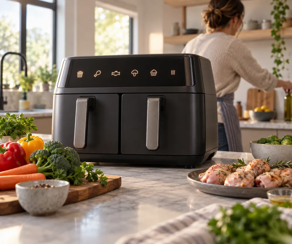 Dual-basket air fryer on a kitchen island, low-angle view highlighting presets, large capacity drawers, vegetables, chicken, and a parent reaching sideways.