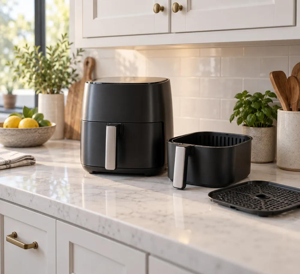 Quartz countertop beside white shaker cabinets, close-up of dishwasher-safe air fryer basket, crumb tray, and compact unit tucked under upper cabinets.