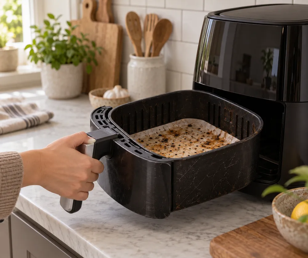 Hand pulls a worn air fryer basket from a countertop unit, side-angle view showing scratched tray, stained liner, and tidy kitchen backsplash.