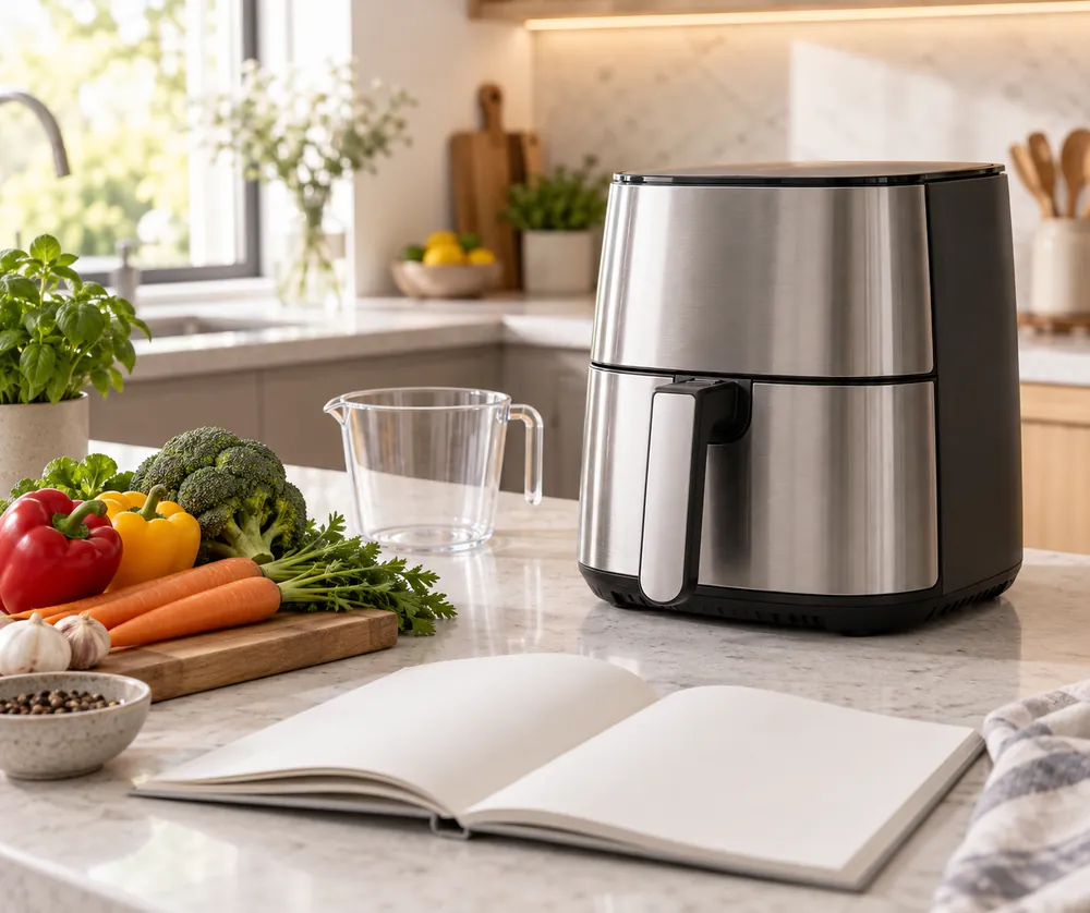 Brushed steel air fryer on a quartz countertop, side-angle view, with open manual, measuring cup, and vegetables nearby.