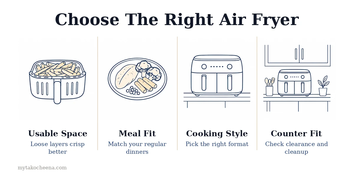 How to Choose an Air Fryer for a Family: Usable Space, Meal Fit, Cooking Style, Counter Fit.