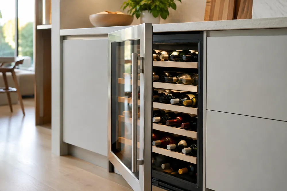 Built-in wine cooler nestled between kitchen cabinetry, its door slightly ajar revealing bottles of varying sizes crowding the adjustable shelves inside.
