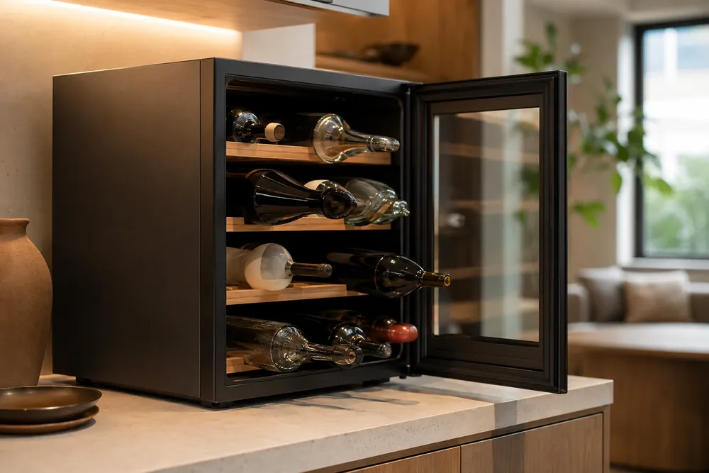 Warm overhead light falls across a side-angle view of a countertop wine cooler, its door open, showing oddly shaped bottles jutting past the rack edges.