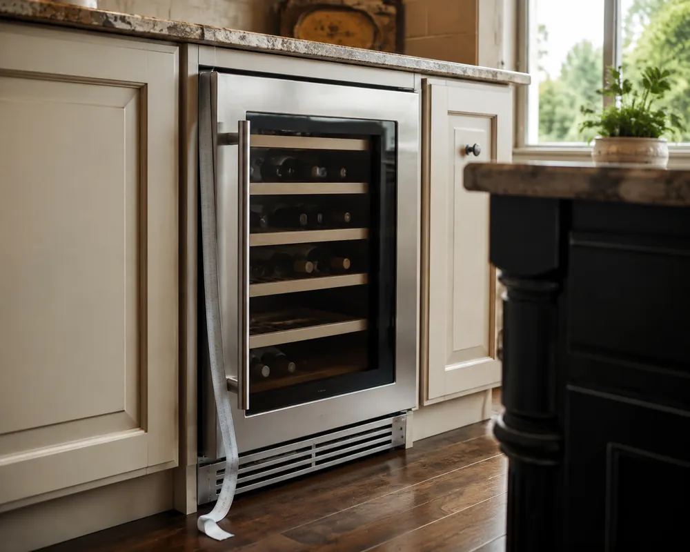 Brushed stainless steel wine cooler nestled precisely into a kitchen cabinet cutout, measuring tape draped along its side, granite countertop visible above.