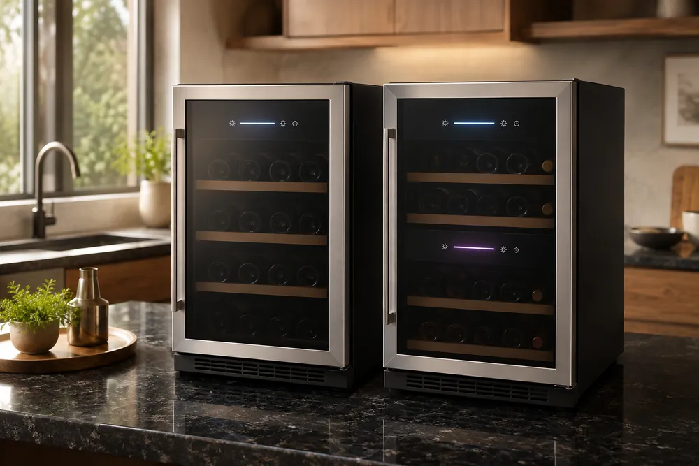 Dark granite countertop holding two wine coolers side by side, one with a single temperature display and the other showing separate upper and lower zone controls.
