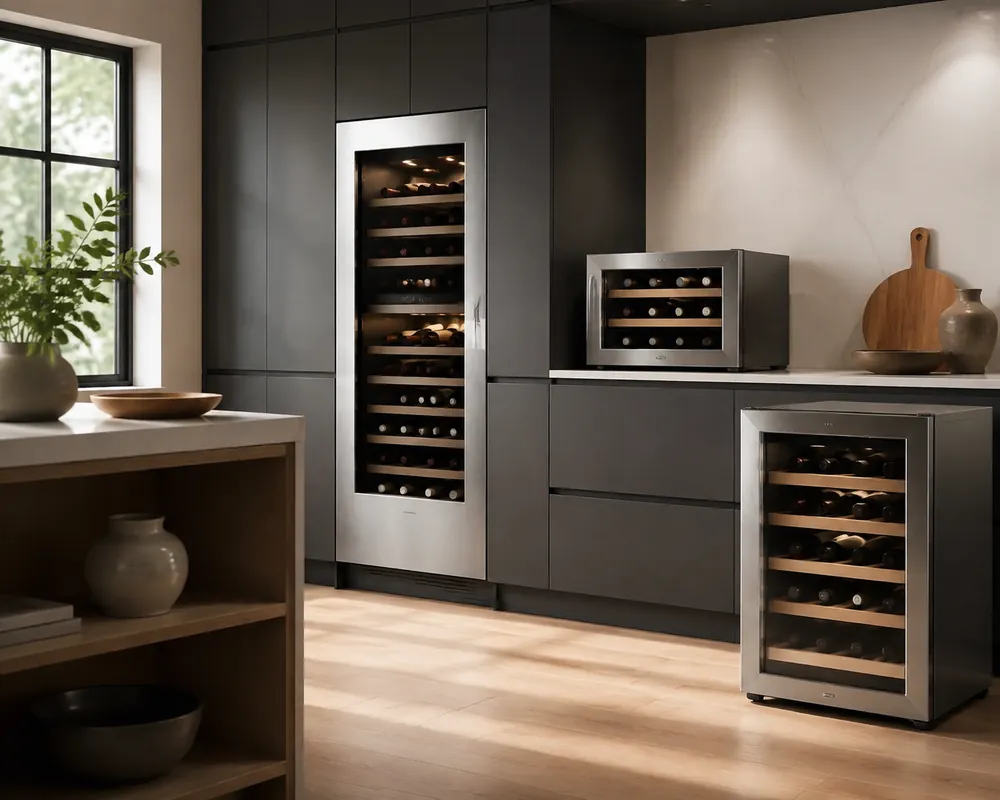 Brushed stainless steel panels of a built-in wine cooler flush with dark cabinetry, a freestanding unit and compact countertop model visible nearby.