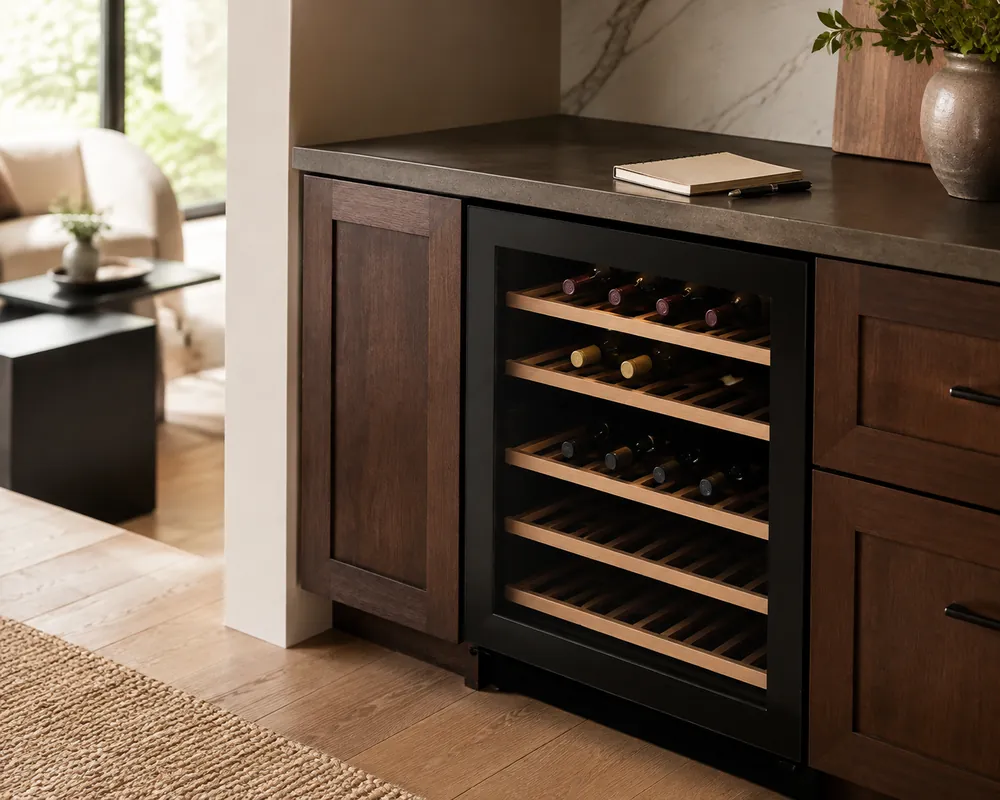 Dark walnut cabinetry frames a compact wine cooler half-filled with bottles, several empty racks visible, beside a small notepad and pen on the countertop.