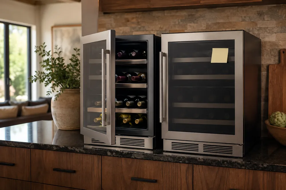 Dark granite countertop holding two identical dual-zone wine coolers side by side, one door ajar revealing neatly stocked bottles, the other closed with a small sticky note.