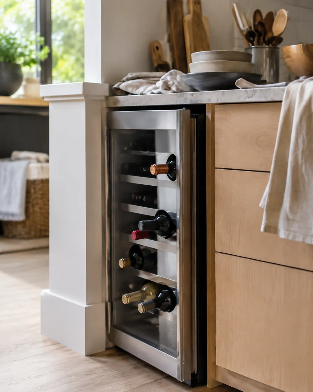 Brushed stainless steel wine cooler crammed awkwardly into a too-narrow cabinet gap, bottles jutting out, surrounding countertop cluttered with displaced kitchenware.