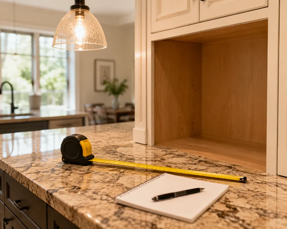 Warm pendant light falls across a granite countertop where a tape measure stretches beside an empty cabinet alcove, a notepad and pen resting nearby.