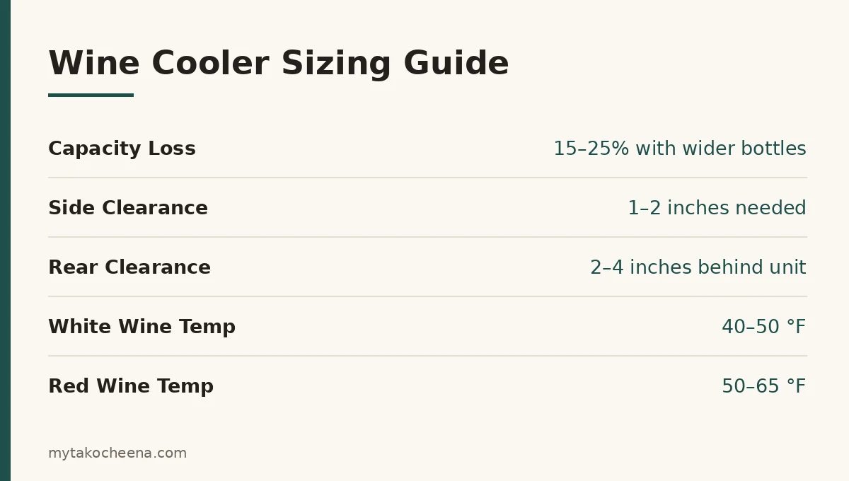 Key figures for How to Choose the Right Size Wine Cooler: Capacity Loss, Side Clearance, Rear Clearance, White Wine Temp, Red Wine Temp.