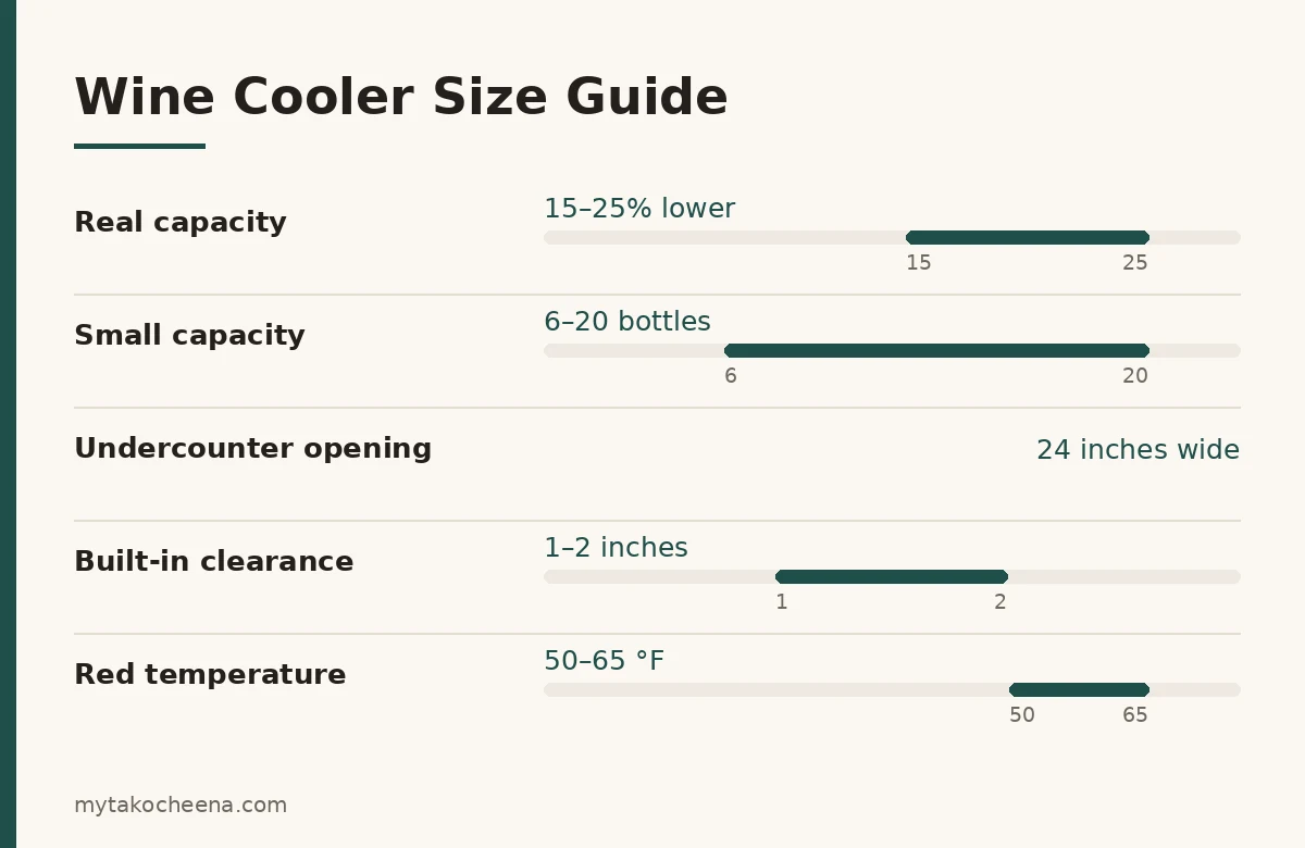 Key figures for How to Choose the Right Size Wine Cooler: Real capacity, Small capacity, Undercounter opening, Built-in clearance, Red temperature.