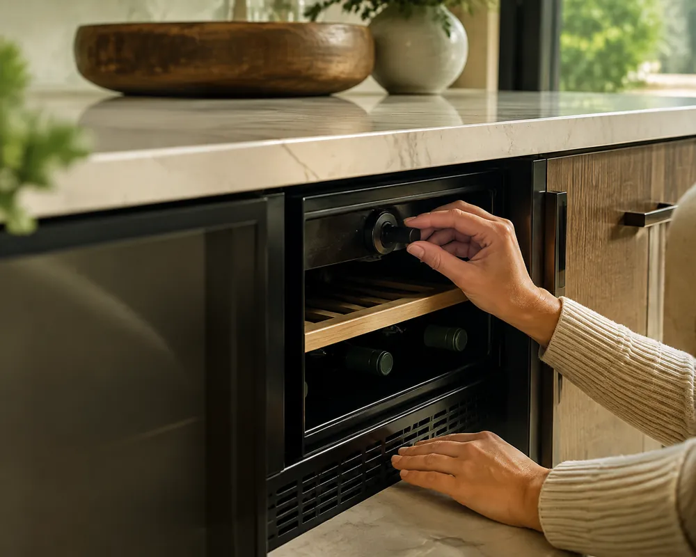 Quartz countertop surrounds a built-in wine cooler as hands check the temperature dial and ensure rear vents remain unobstructed.