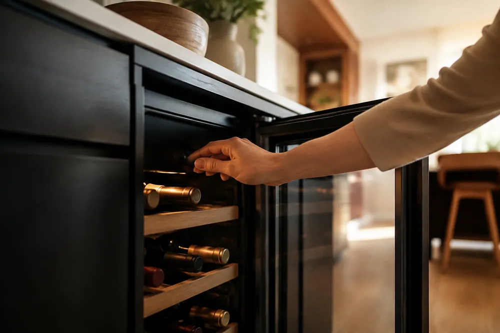 Dark lower cabinets frame a low-angle view of a hand adjusting the wine cooler thermostat inside the softly lit kitchen.