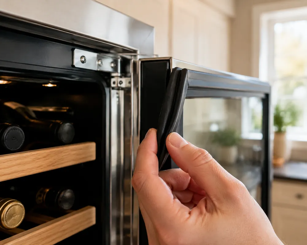 Rubber gasket compressed between fingers, wine cooler door ajar in a bright kitchen, hinge screws and interior racks visible at eye level.