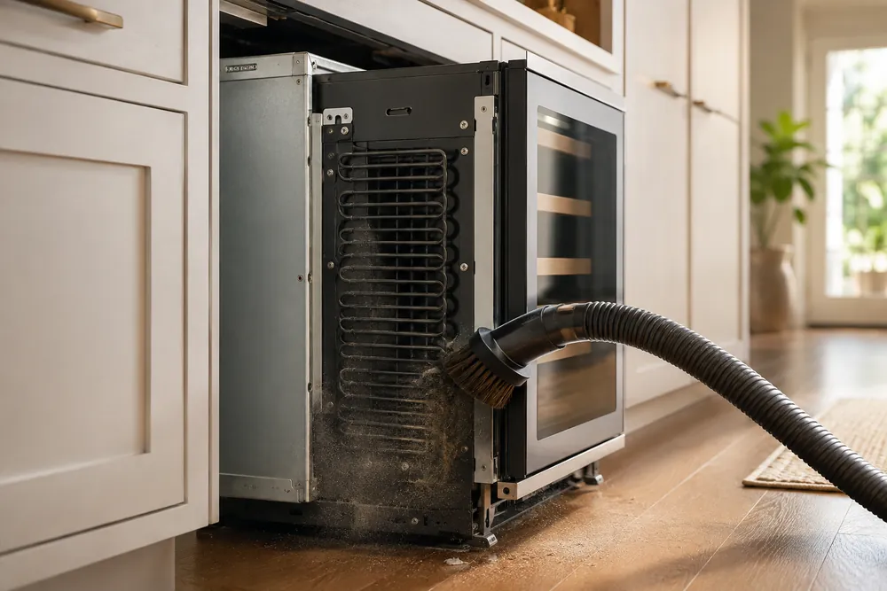 White kitchen cabinetry surrounds a pulled-out wine cooler, rear condenser grille exposed, dust brush and vacuum hose clearing debris for airflow.