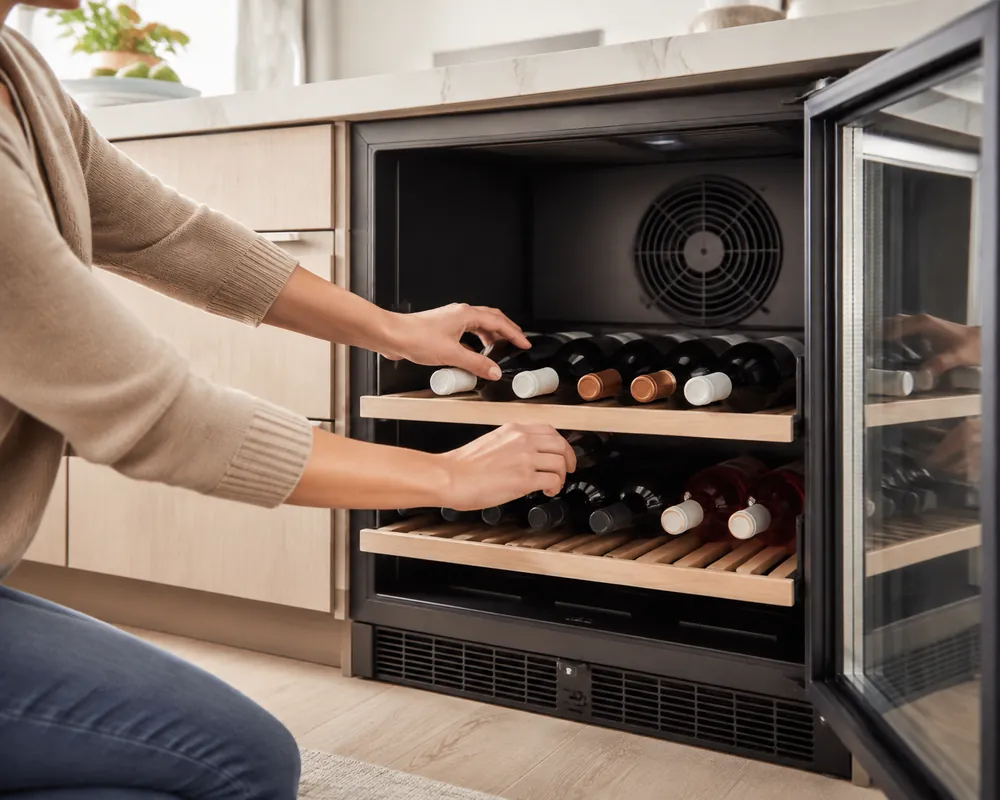 Wine cooler beneath kitchen counter with open door, rear fan exposed, vents cleared, and a homeowner’s hands moving bottles aside.