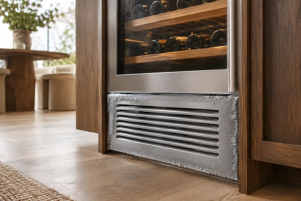 Brushed stainless vent panel rimmed with frost while a wine cooler hums beside warm cabinet trim in a slightly raised kitchen view.