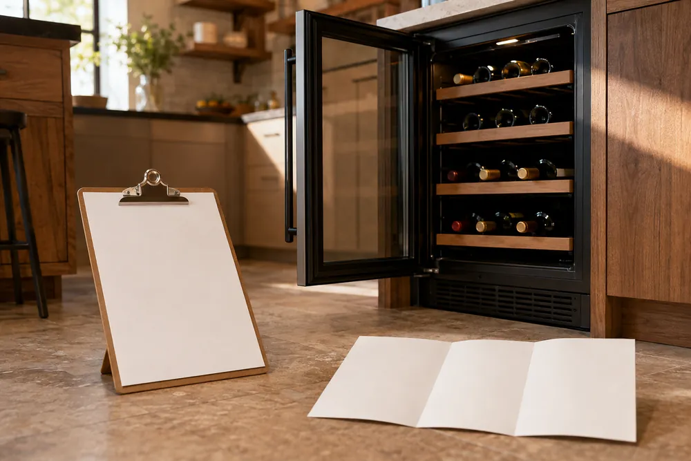 Warm afternoon light washes over an open wine cooler, repair estimate clipboard, and replacement model brochure on a low kitchen floor.
