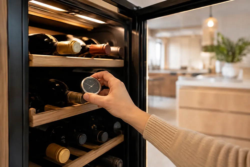 One hand checks a wine cooler’s interior thermometer, bottles stacked unevenly, warm kitchen light reflecting on the glass door.