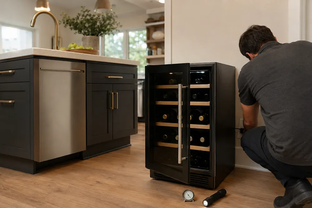 Wine cooler beside a kitchen island, door ajar, thermometer and flashlight nearby, homeowner seen from behind checking power outlet.