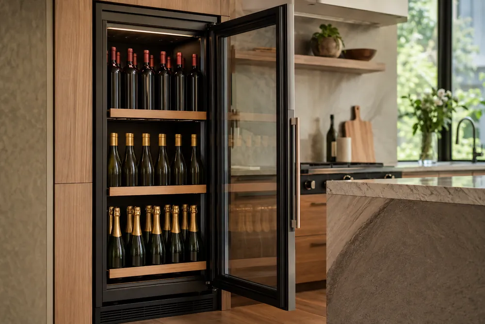 Wine cooler standing open in a modern kitchen, grouped Bordeaux, Burgundy, and sparkling bottles on separate shelves, labels turned away.