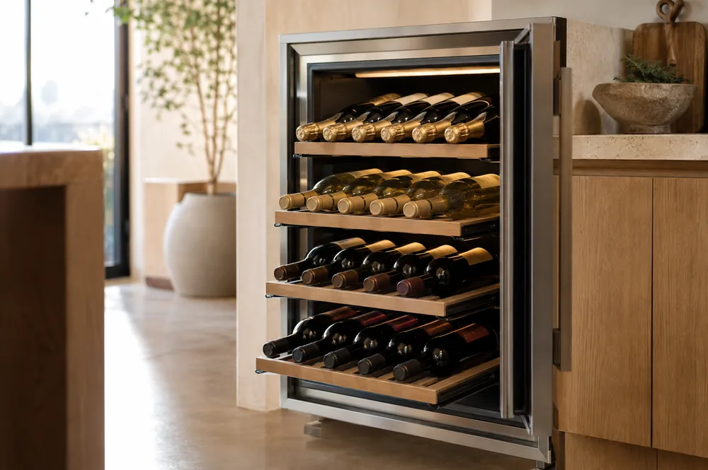 Brushed steel wine cooler racks separate sparkling, white, and red bottles by shelf, with short-term picks up front.