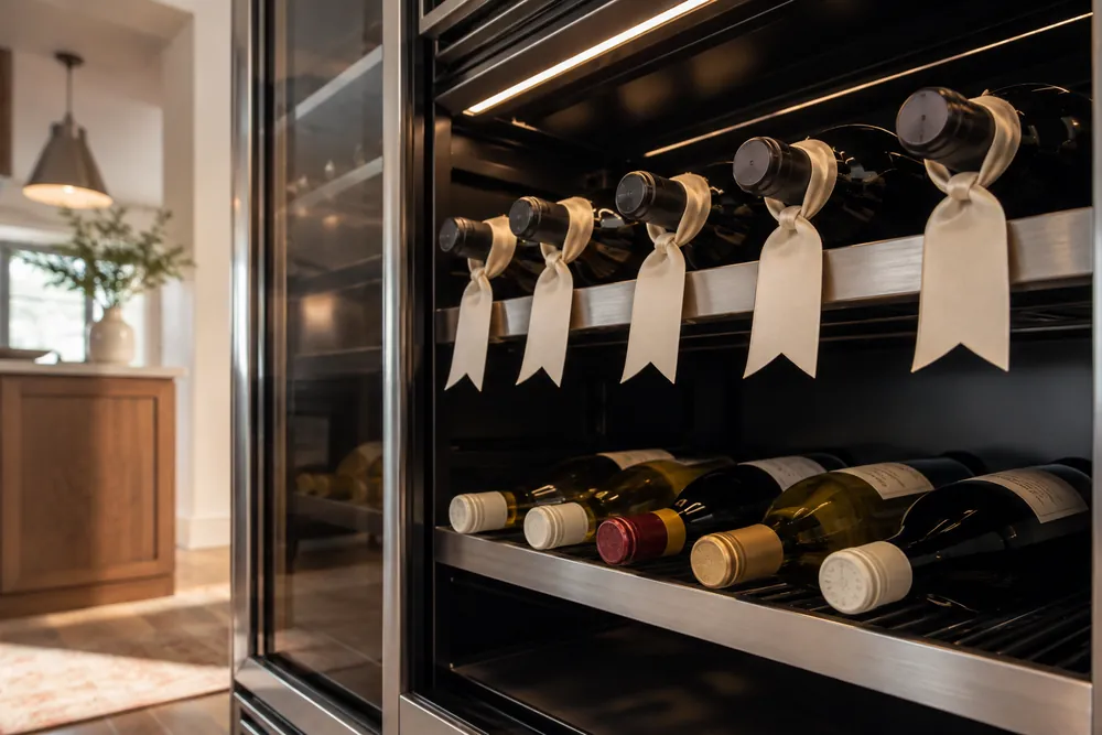 Brushed steel shelves separate casual weeknight bottles below from ribbon-tagged special bottles above in a low-angle wine cooler view.