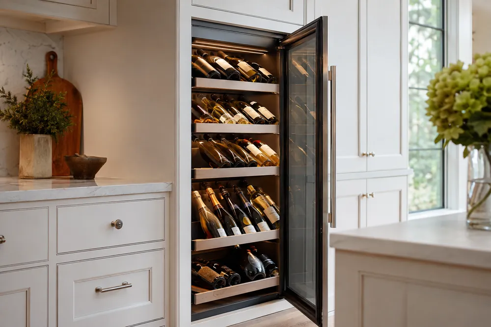 White shaker cabinetry surrounds an open wine cooler, showing angled Champagne, Pinot, Riesling, and odd-shaped bottles on staggered shelves.