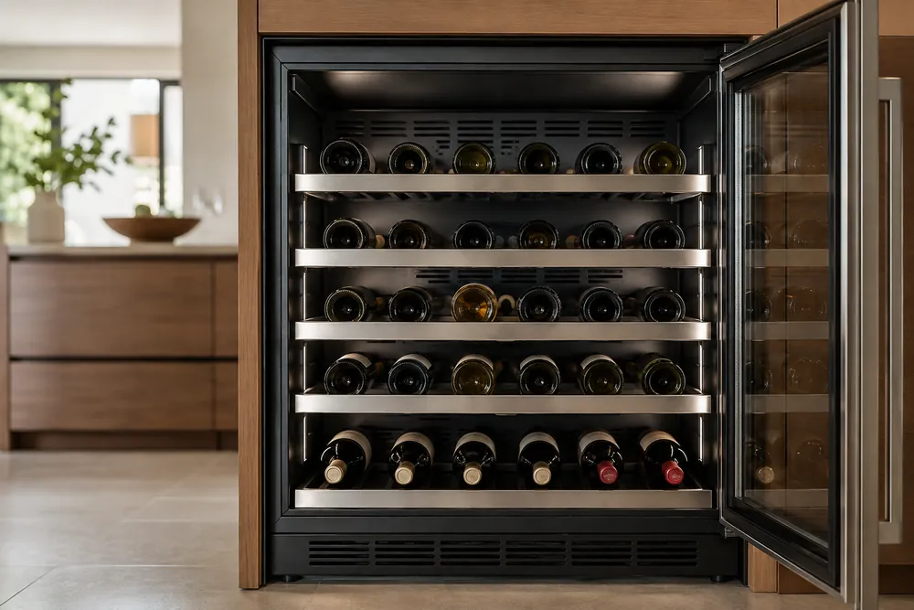Brushed stainless racks show evenly spaced wine bottles in a wide cooler interior, leaving clear gaps around rear vents for airflow.
