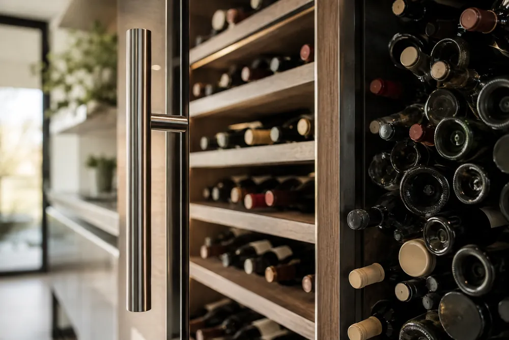 Brushed stainless handle foregrounds a low-angle view of staggered wine bottles, contrasting neat labeled racks with crowded mixed-size storage.
