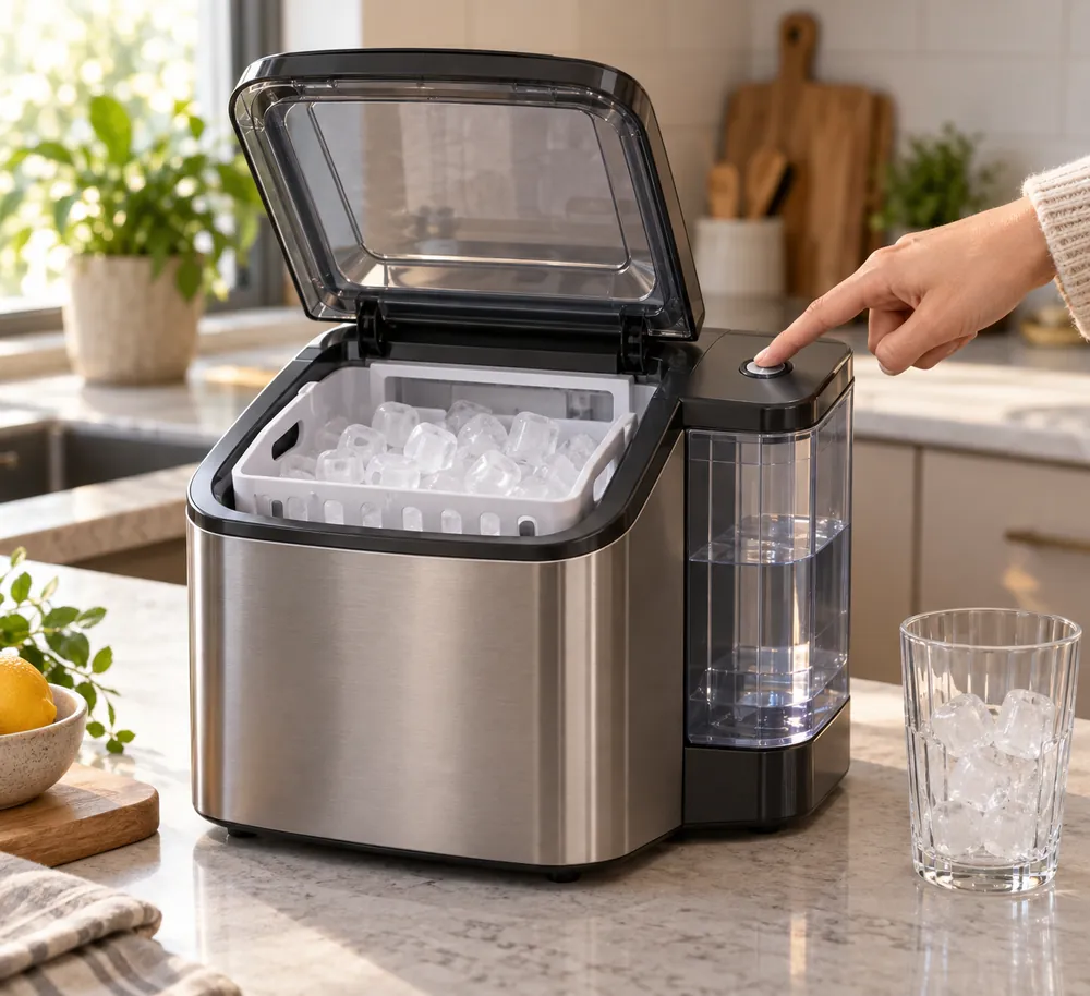 Pressing the ice-size button, a hand compares compact stainless steel makers beside a measuring cup and full ice basket on a kitchen counter.
