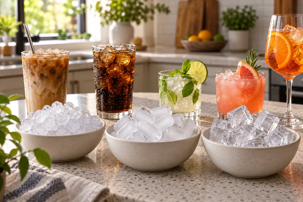 Crushed ice, nugget ice, and clear cubes surround three colorful drinks on a kitchen countertop, emphasizing texture choices for different beverages.